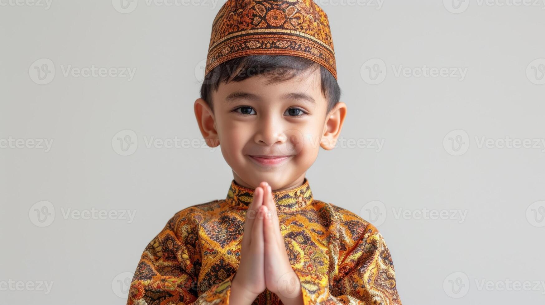 AI generated Cute muslim Boy greeting ramadhan on white background photo