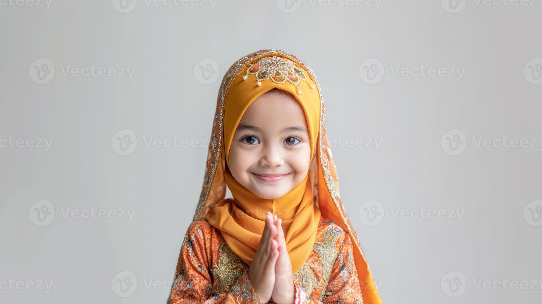 ai generado linda musulmán asiático niña saludo ramadhan aislado en blanco antecedentes foto