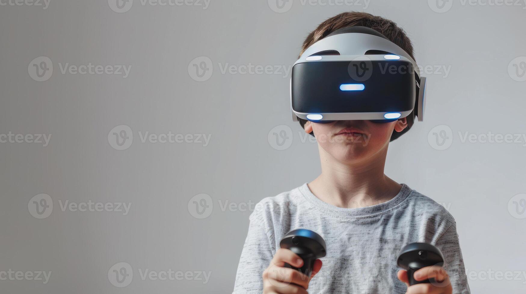 AI generated A boy playing video games using vr glasses isolated on white background photo