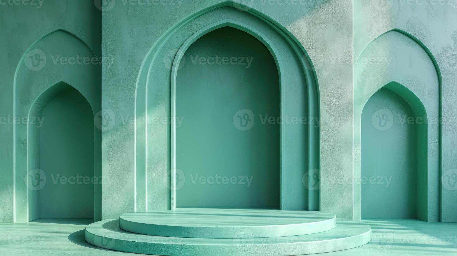 AI generated Empty podium on green islamic arch background photo