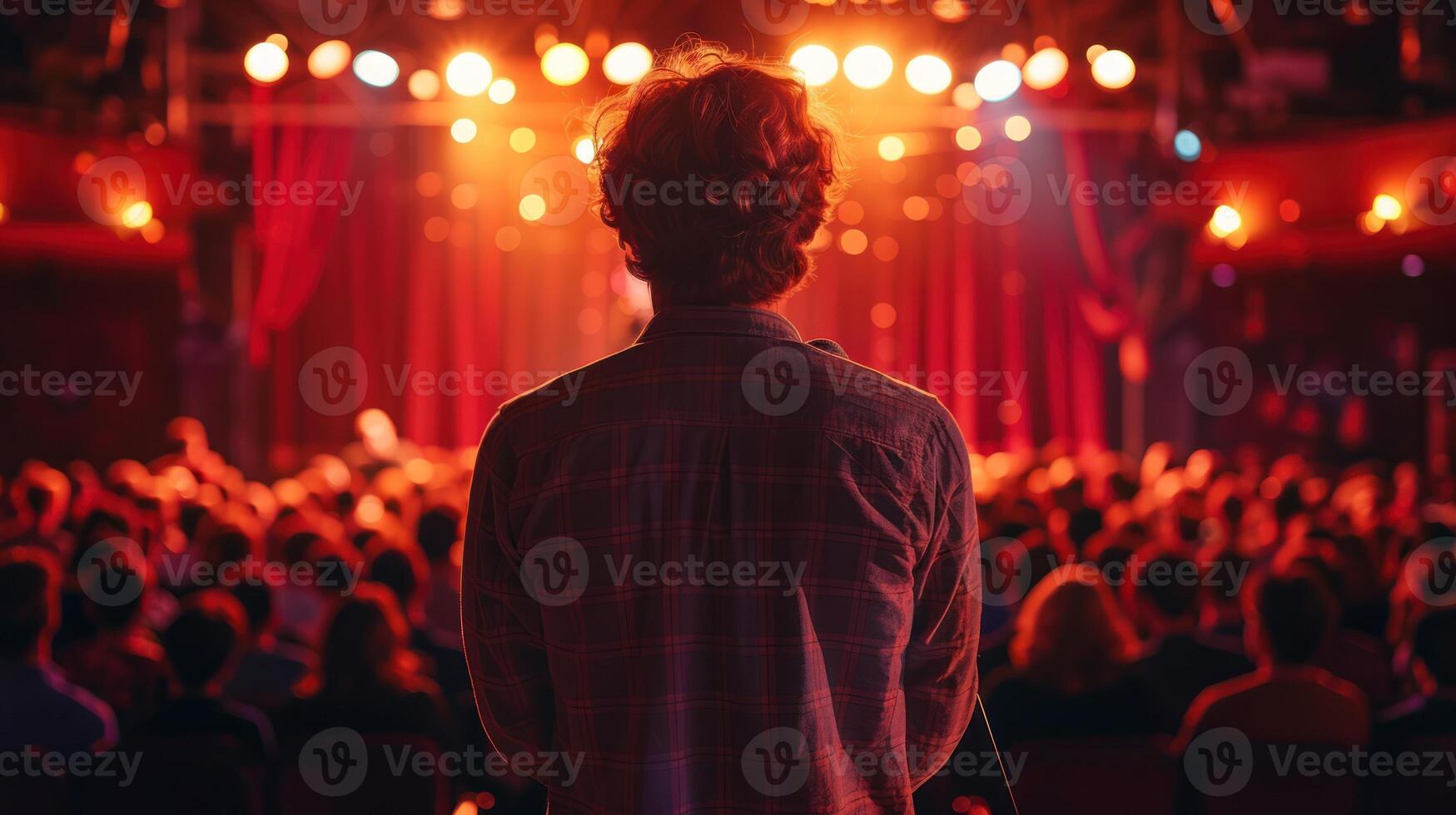 AI generated Back view of Man standing on stage at behind audience photo