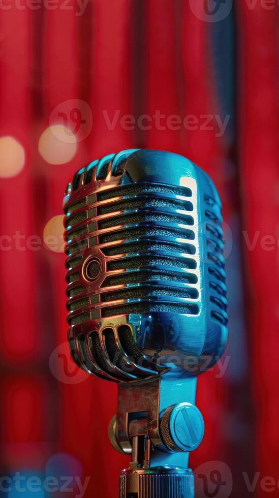 AI generated Vintage microphone on bar stage on red curtainbackground photo