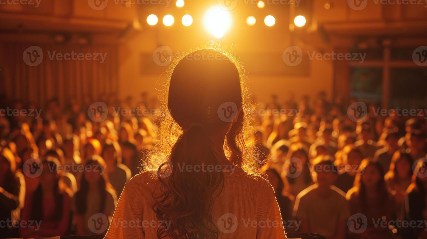 AI generated Portrait of girl in back stand in front of a large audience of people photo