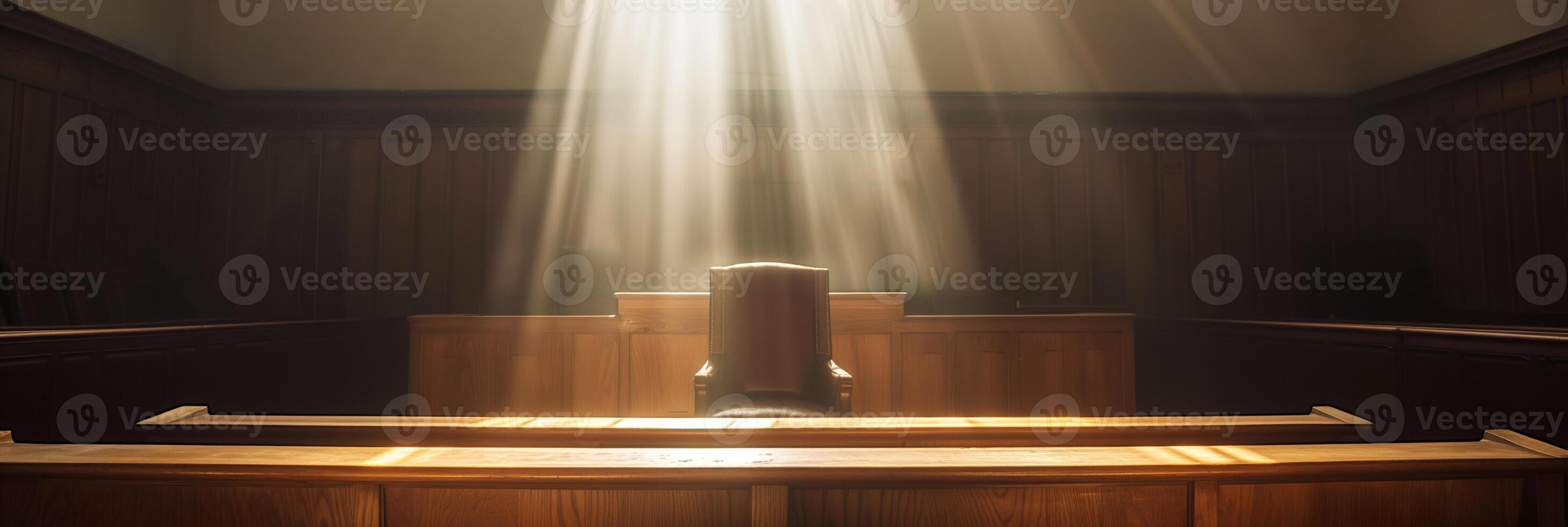 ai generado dramático luz de sol en vacío sala de justicia banco foto