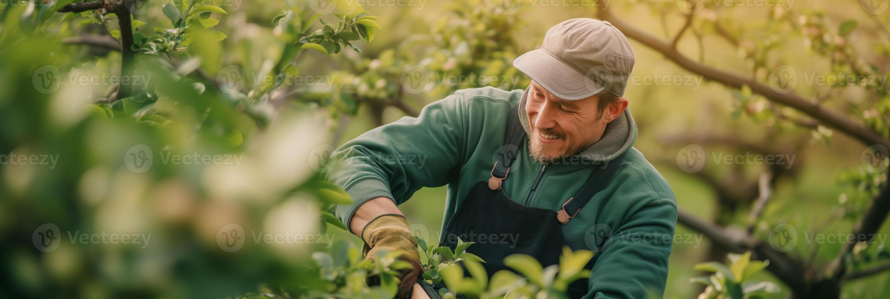 AI generated Happy Gardener Pruning Orchard Trees in Spring photo