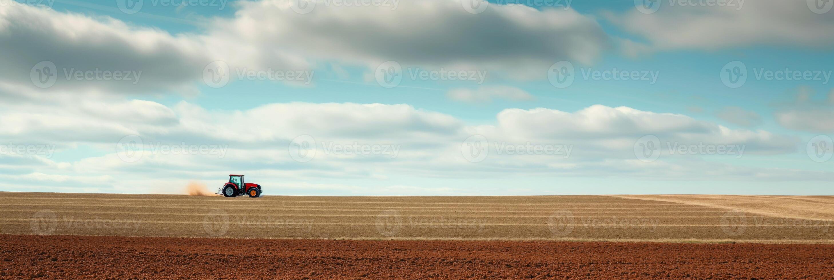 AI generated Modern Red Tractor Plowing Under Blue Skies photo