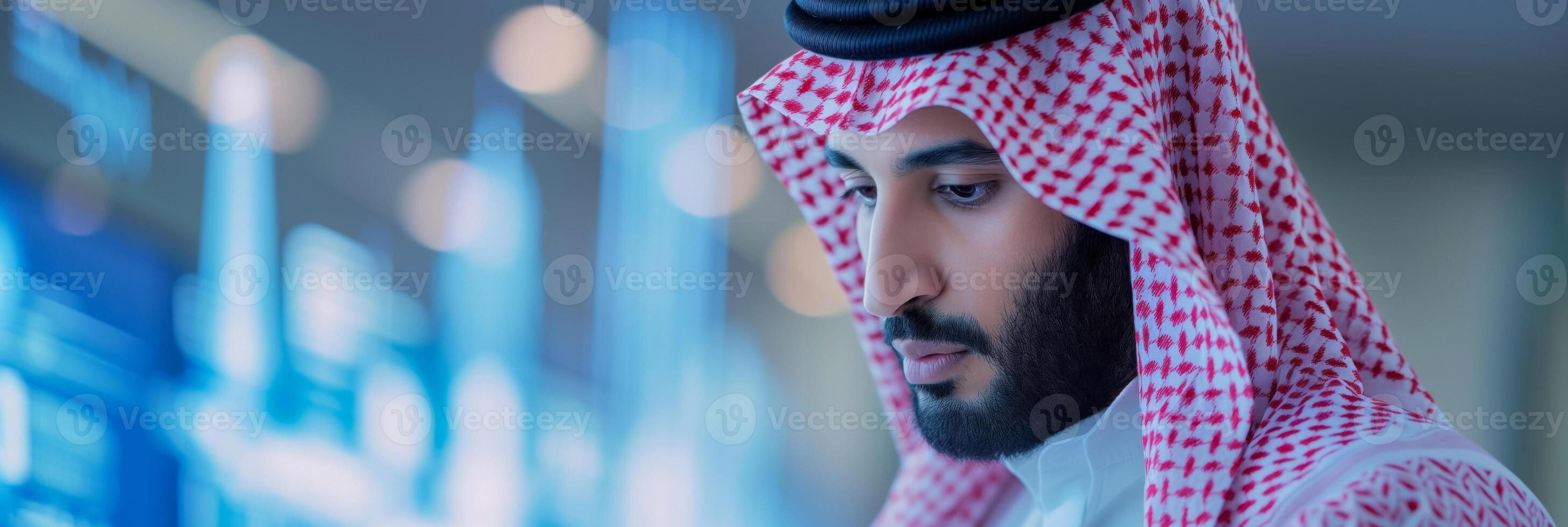 ai generado contemplativo árabe hombre, toca árabe, borroso luces foto