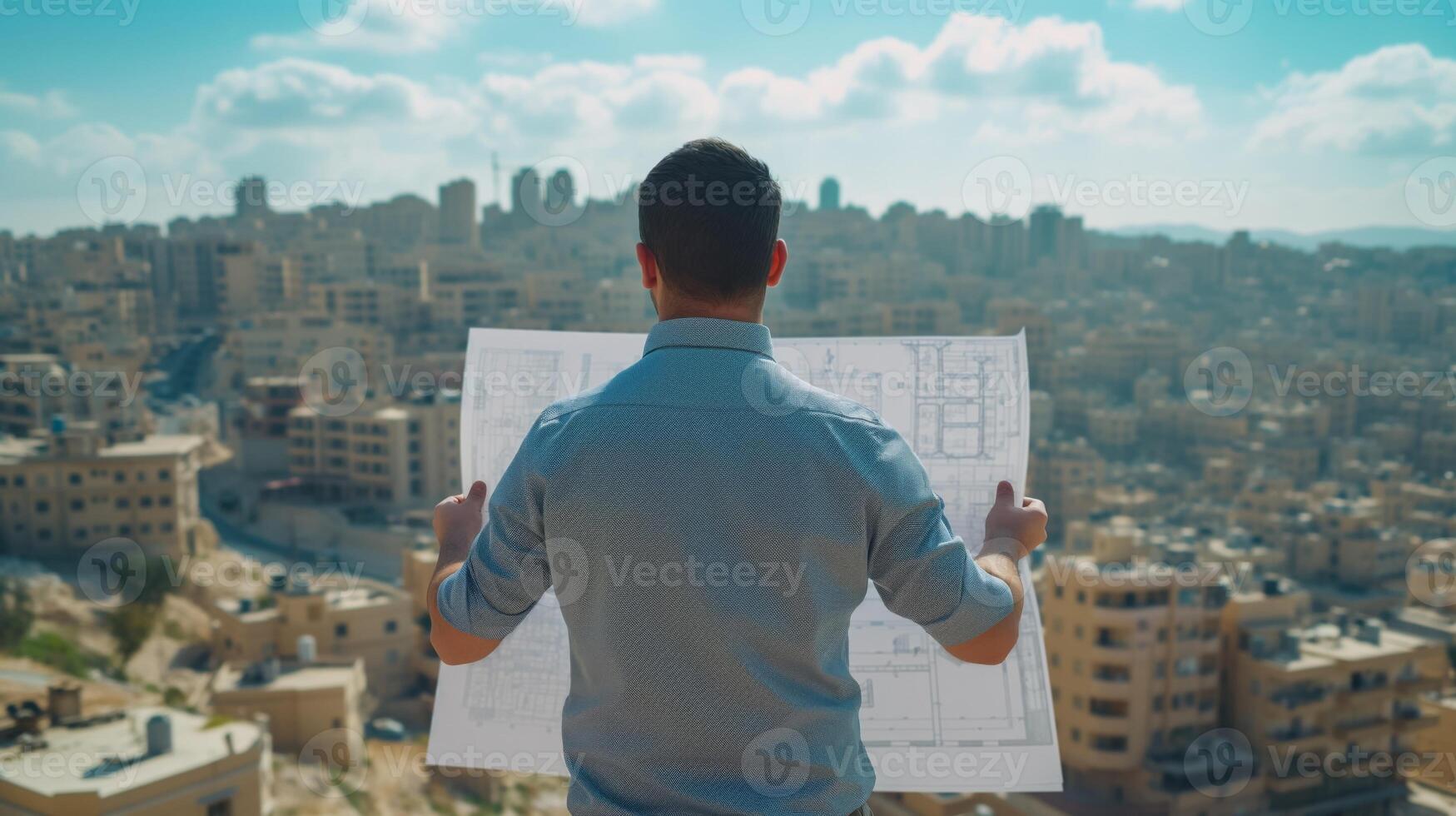 AI generated Young Architect with Blueprints, Cityscape View photo