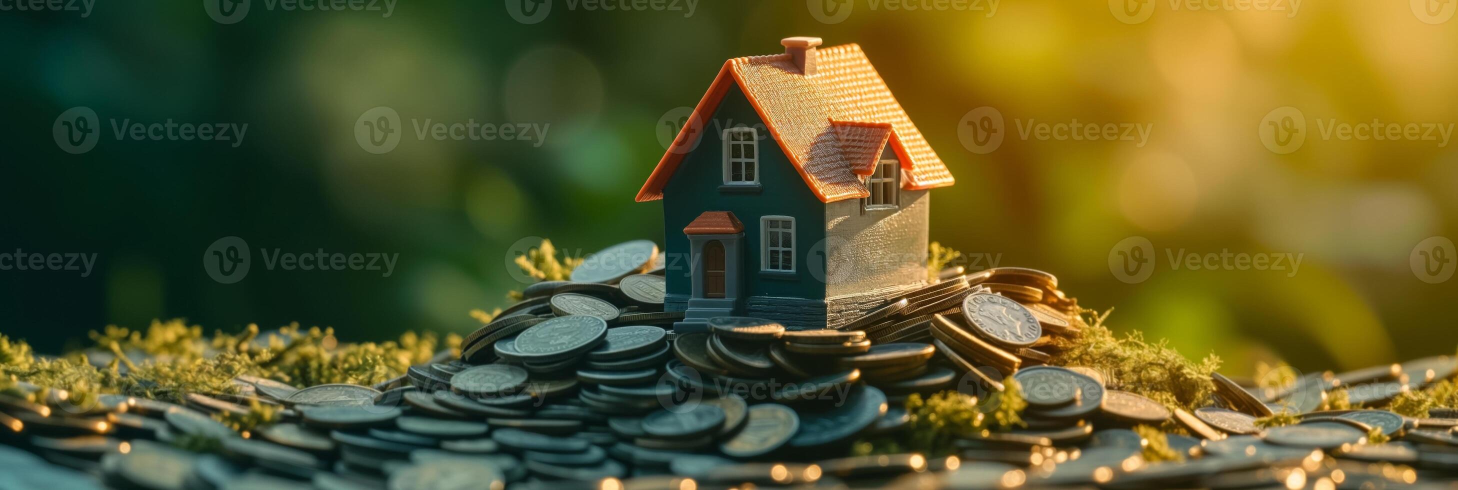 AI generated Miniature house on a pile of coins with natural green blurred background, symbolizing real estate investment, savings, or mortgage concept with copy space photo