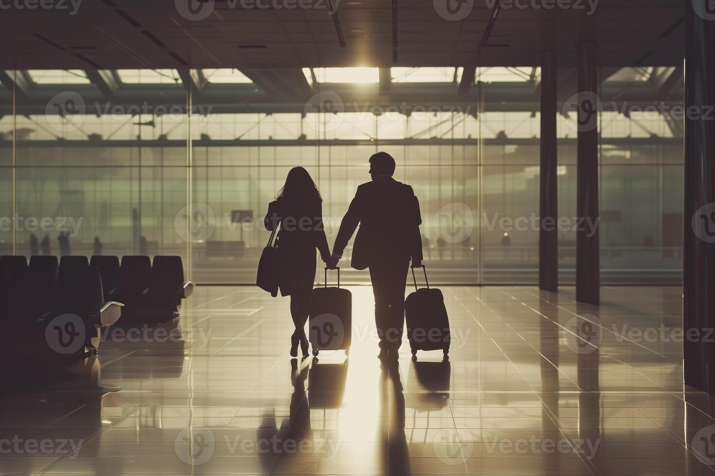 AI generated Silhouetted couple holding hands in airport terminal with luggage, backlit by a warm sunrise, ample space for text, travel concept photo