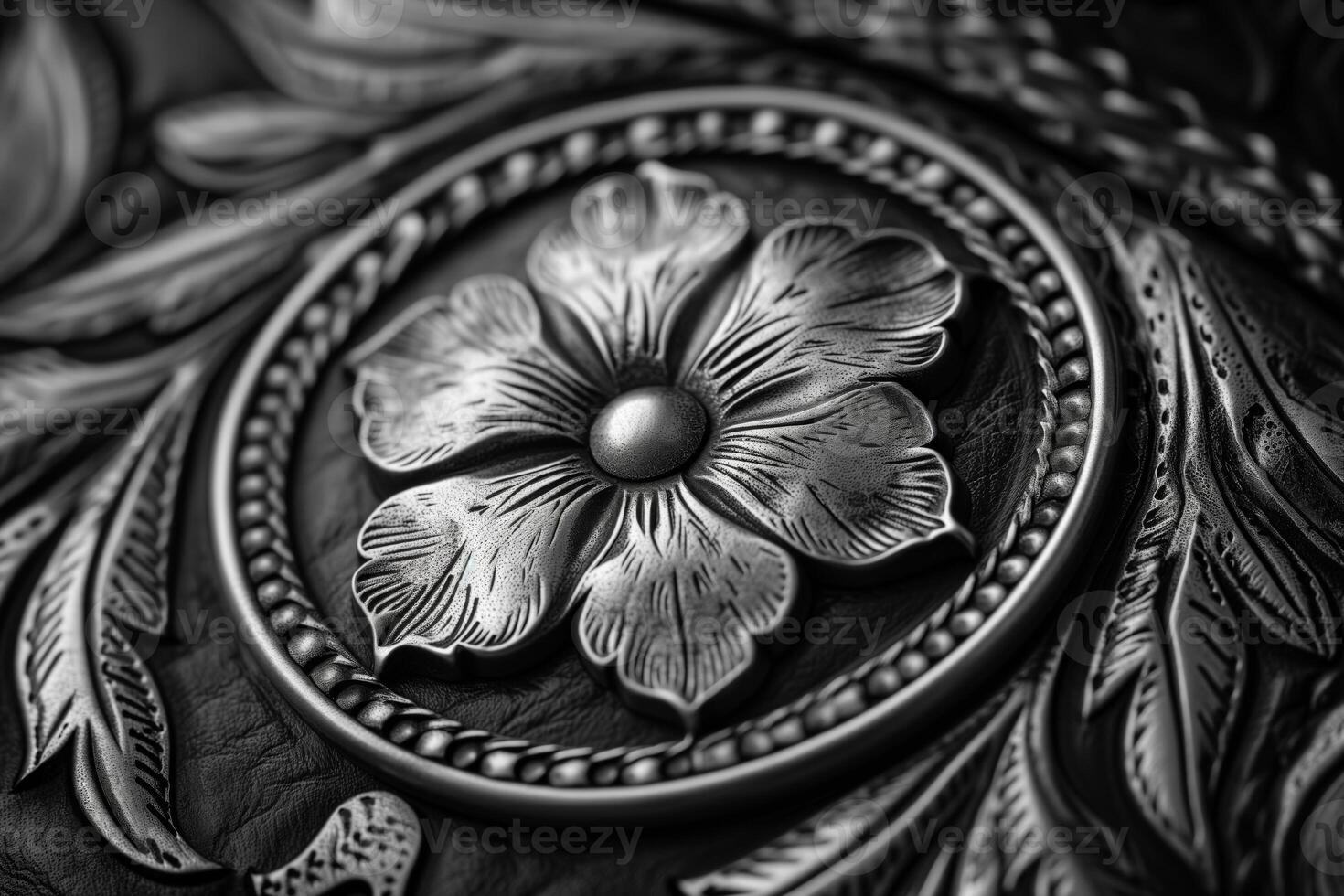 ai generado cerca arriba de un negro y blanco intrincadamente tallado floral cuero patrón, exhibiendo detallado artesanía adecuado como un lujoso antecedentes o elegante material textura foto