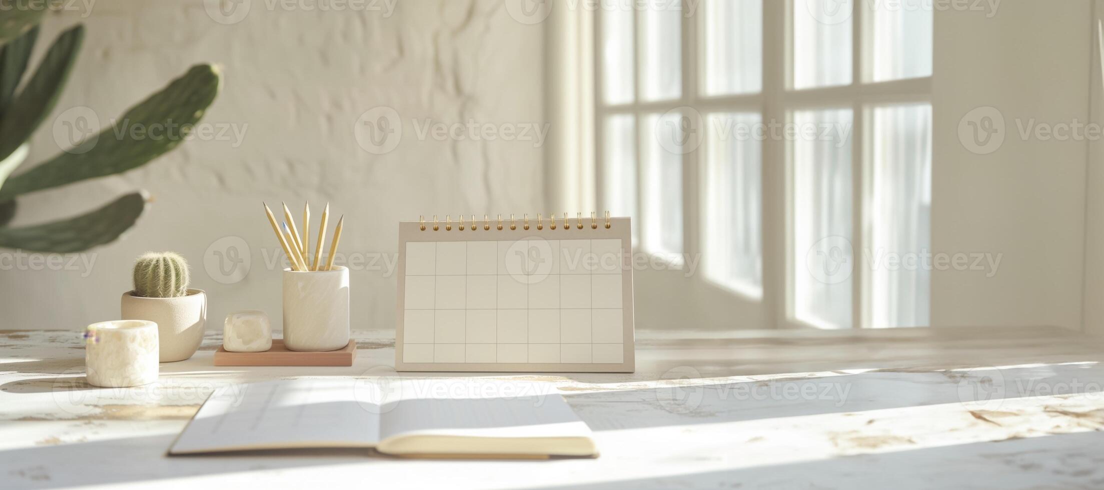 AI generated Minimalist home office desk with open notebook, desktop calendar, and various decorative items, featuring ample copy space and natural lightingideal for organization and planning concepts photo