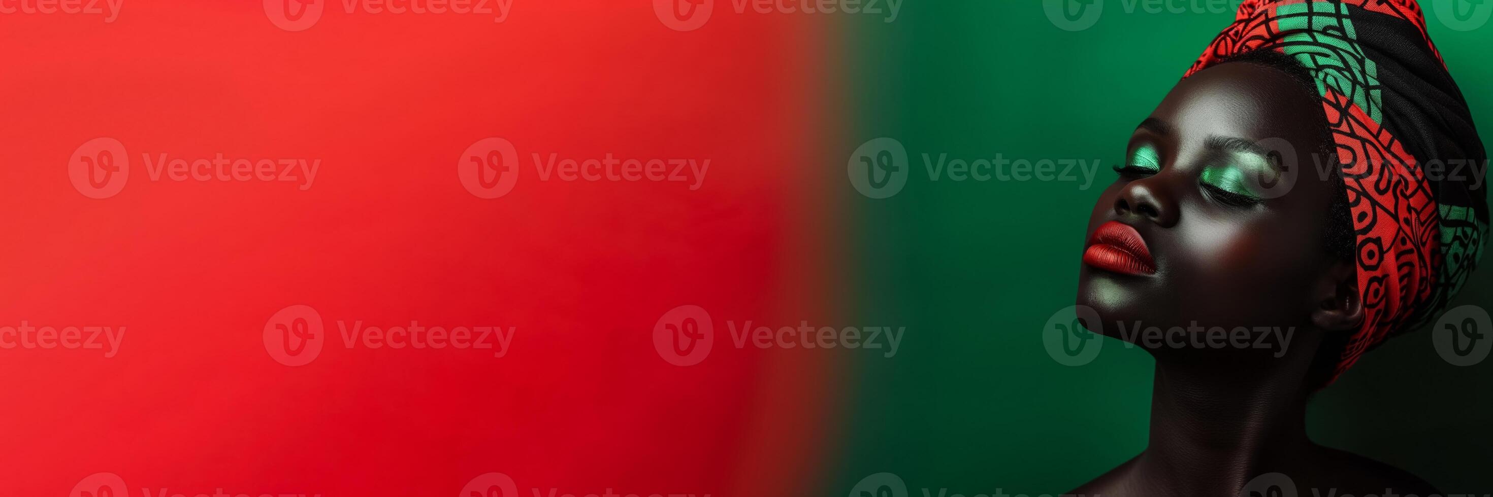 AI generated A portrait of an African woman with a vibrant headscarf on a split red and green background with ample copy space for text photo