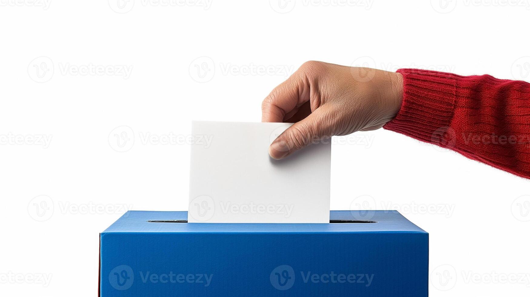 ai generado persona fundición un votar dentro un votación caja, con un atención en inclusividad y democracia, aislado en un blanco antecedentes con Copiar espacio para texto foto