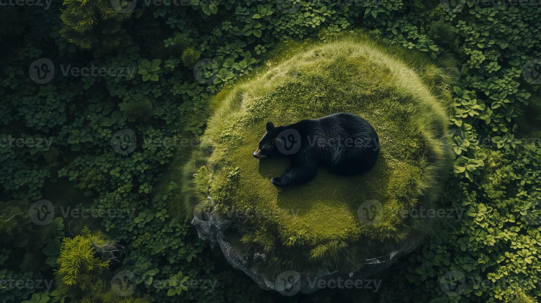 AI generated Aerial view of a solitary black bear resting on a lush green moss covered rock surrounded by dense forest foliage, suitable for environmental concepts with space for text photo