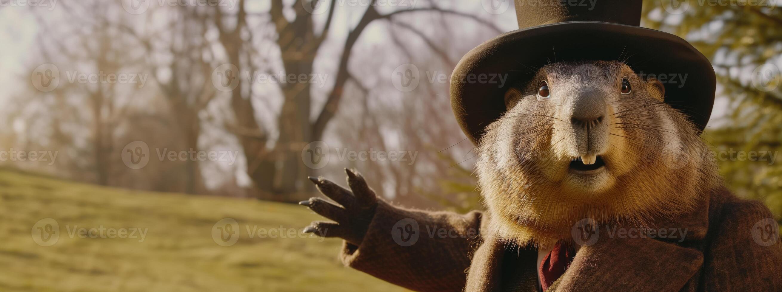 AI generated Anthropomorphic groundhog dressed in vintage attire, greeting in a sunny, tree lined park, perfect for Groundhog Day themed visuals with ample space for text on the right photo