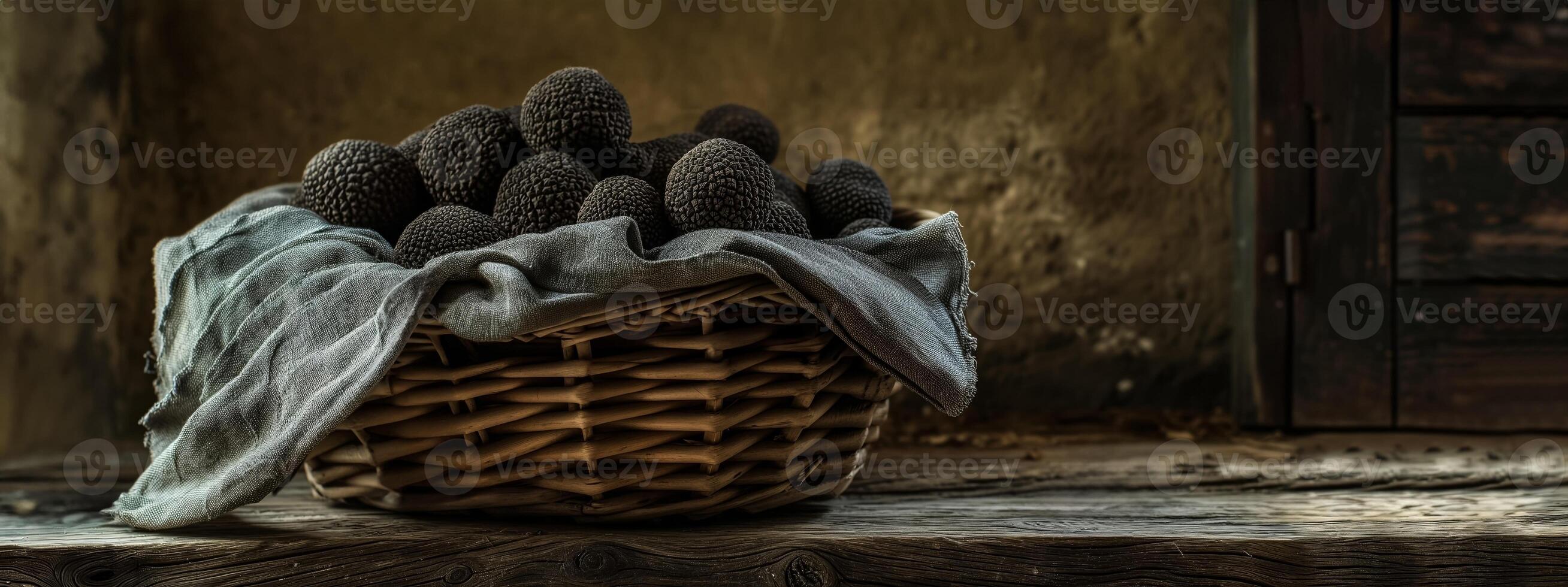 Artisanal basket of black truffles on rustic wooden surface with natural textured backdrop, ample empty space for text, atmospheric lighting, ideal for food photography and exotic concepts photo