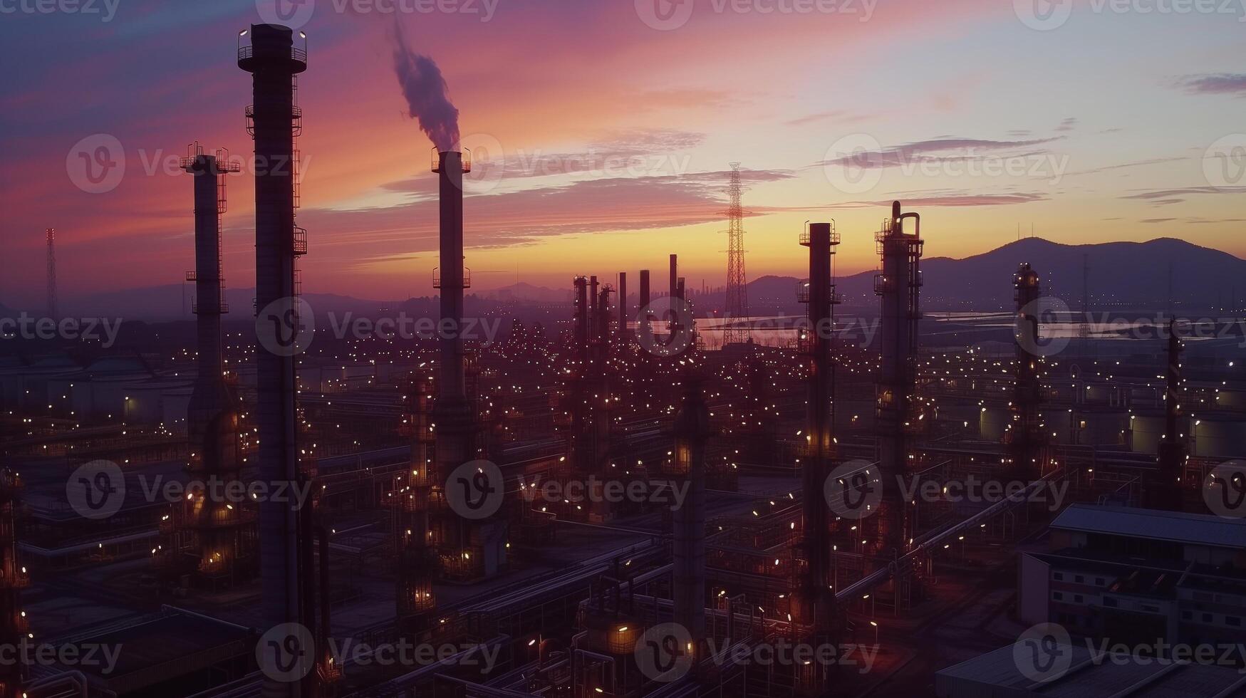 AI generated Industrial Dusk, Refinery Silhouettes Against Twilight Sky photo