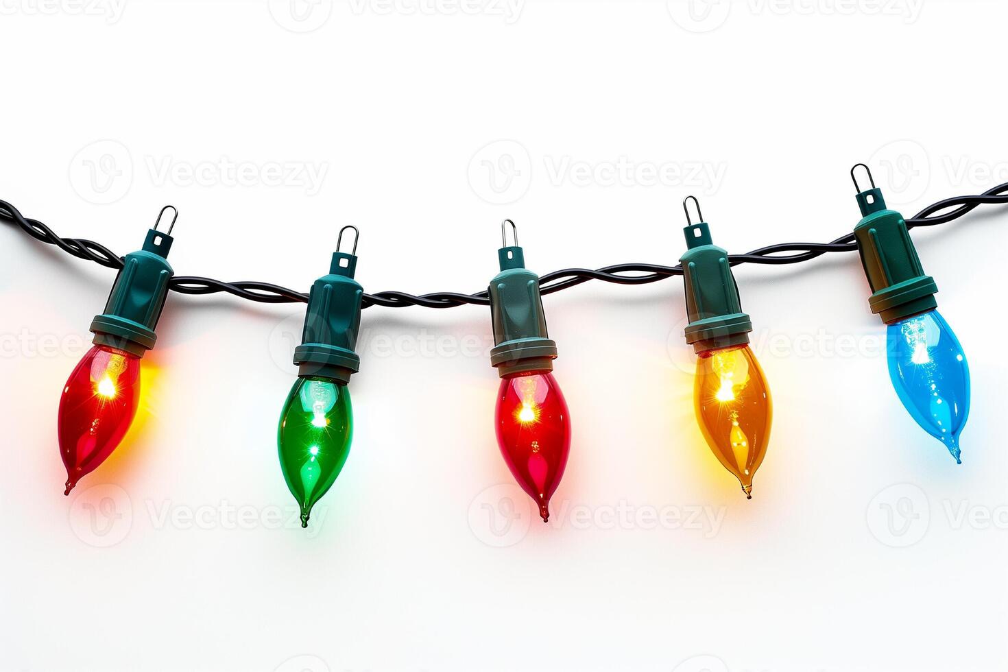AI generated Colorful Christmas lights on a white background, with copy space, perfect for festive holiday greeting cards and backgrounds photo