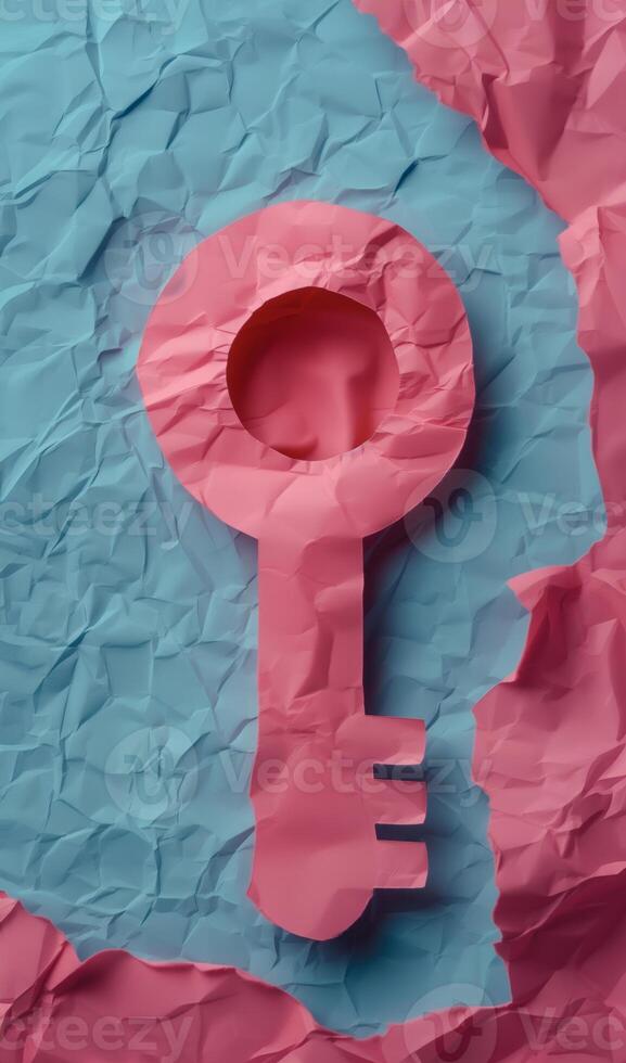 AI generated Conceptual Pink Paper Key on Textured Dual Tone Backdrop photo