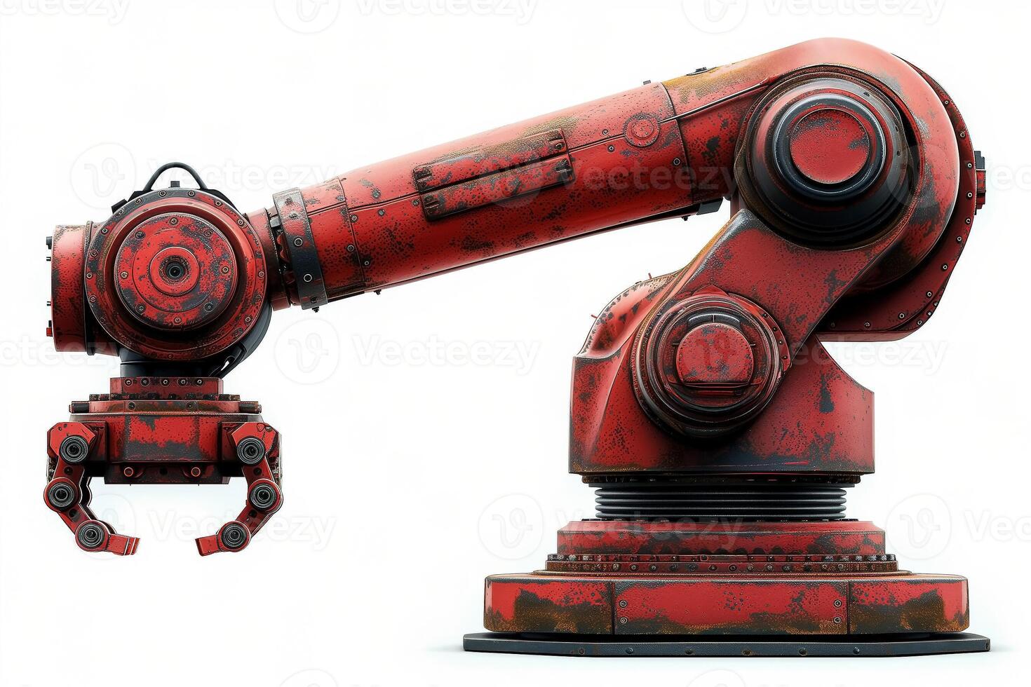 AI generated Red industrial robotic arm with a weathered texture isolated on white background with ample space for text, concept for automation, manufacturing, or robotics technology photo