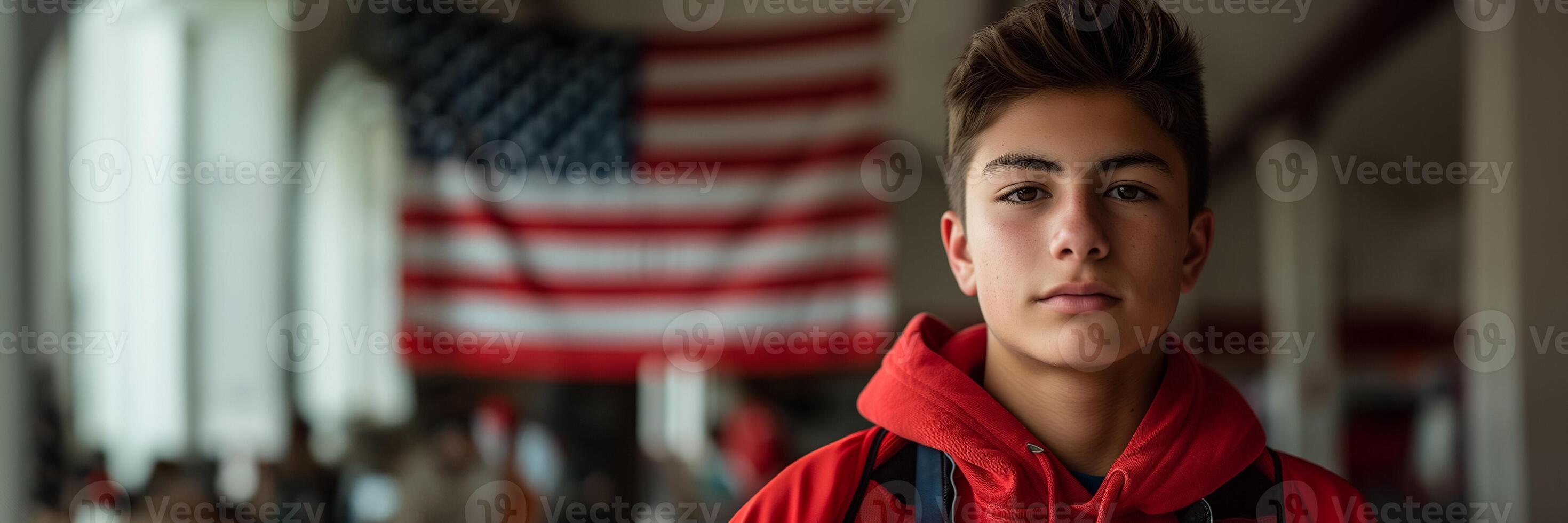 AI generated Portrait of a thoughtful young Caucasian boy with a blurred American flag in the background, concept of youthful patriotism or national holiday celebration photo