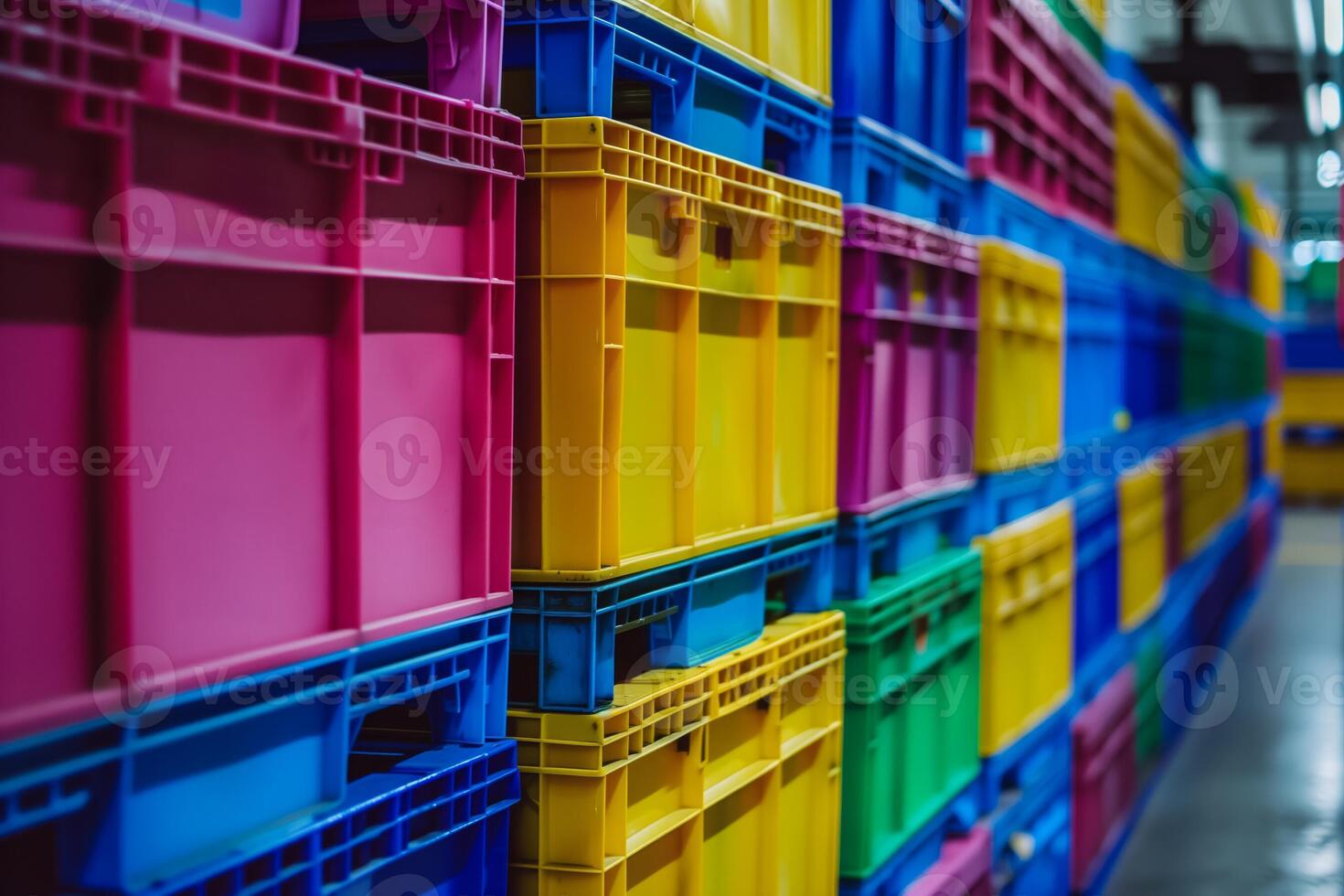 AI generated Colorful plastic storage bins stacked in an industrial warehouse, with a blurred background emphasizing the concept of organization and logistics photo