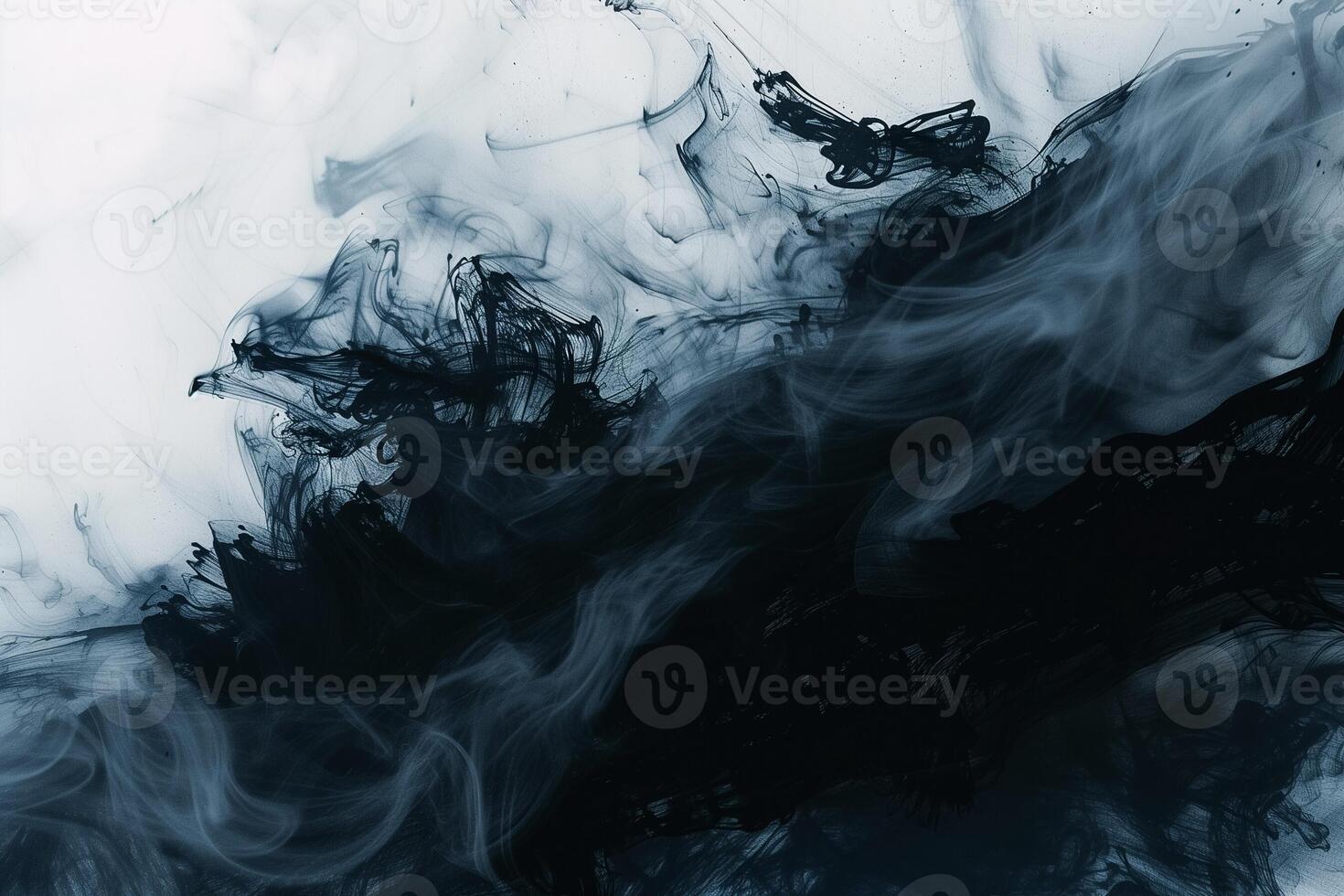 AI generated Abstract black ink diffusion in water on white background, with a dramatic and artistic smoke effect, suitable for creative designs and backgrounds with ample copy space photo