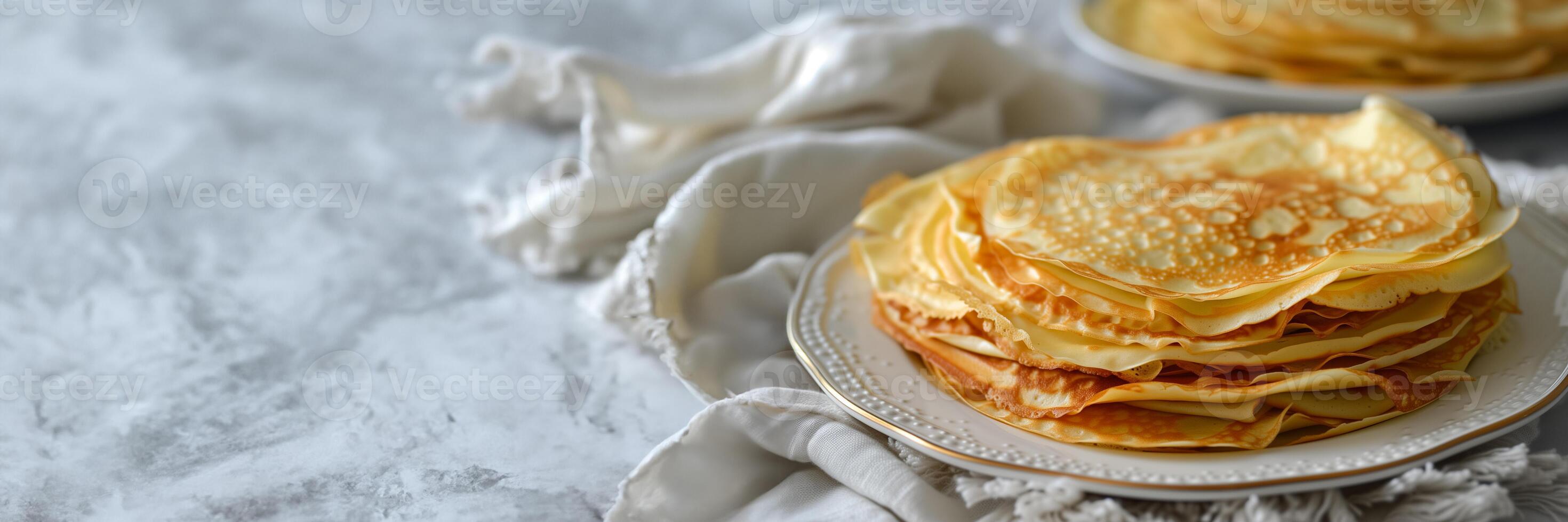 ai generado apilar de recién hecho crepes en un decorativo plato con un suave atención antecedentes y amplio vacío espacio, ideal para comida relacionado contenido o como un antecedentes para carnaval martes celebraciones foto