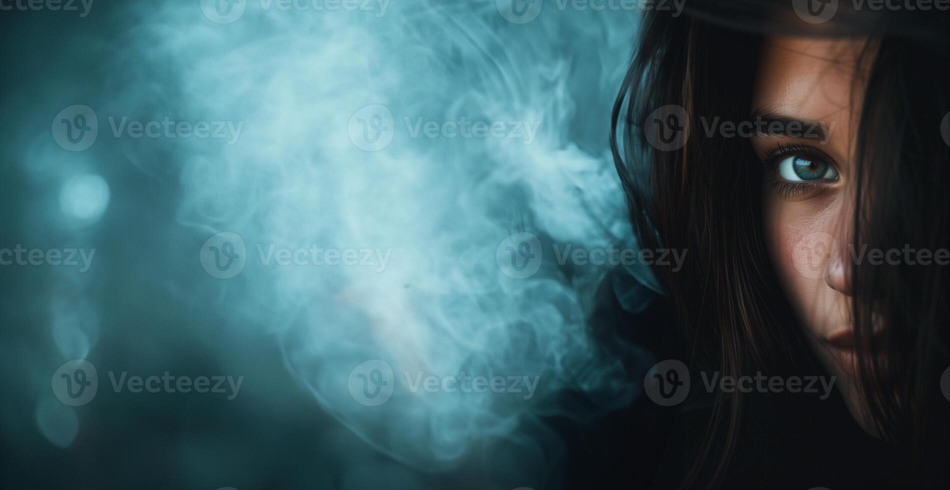 AI generated Mysterious Gaze, Woman Shrouded in Smoke photo