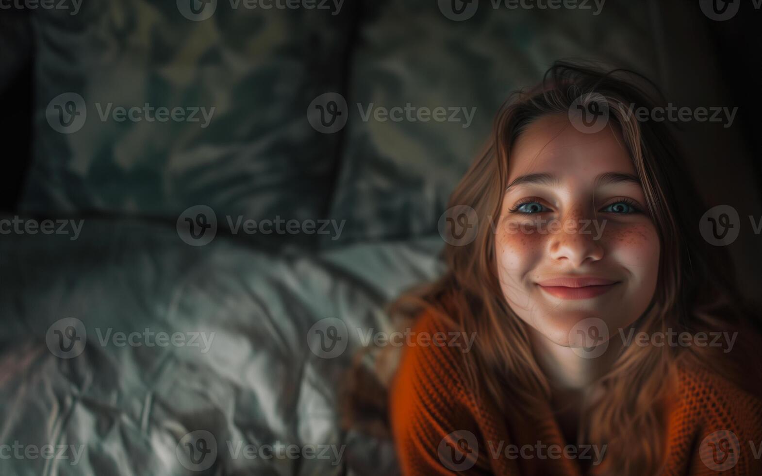 AI generated Joyful Freckled Woman Relaxing with Pillow photo