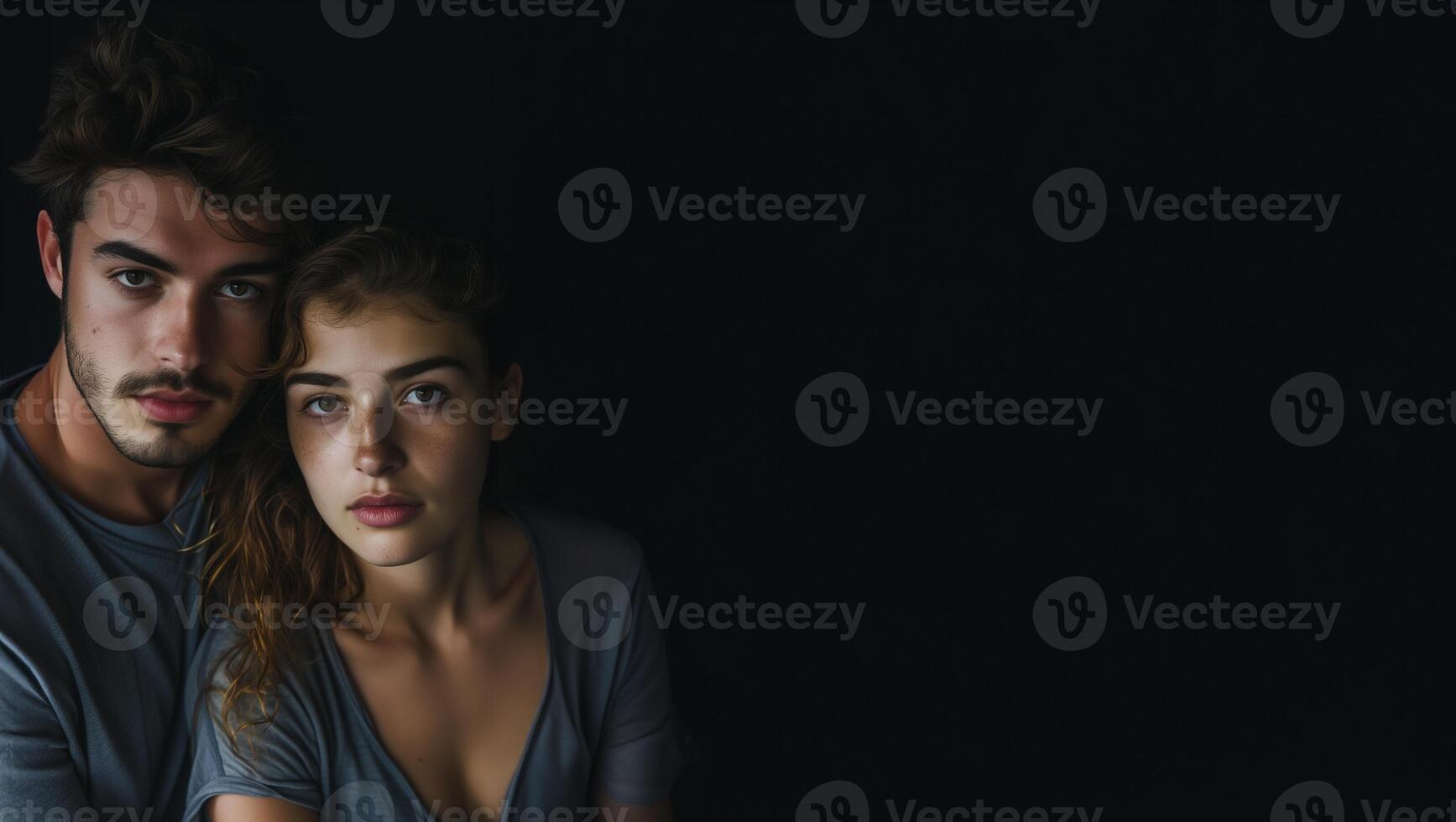 AI generated Young Couples Serious Portrait with Copy Space photo