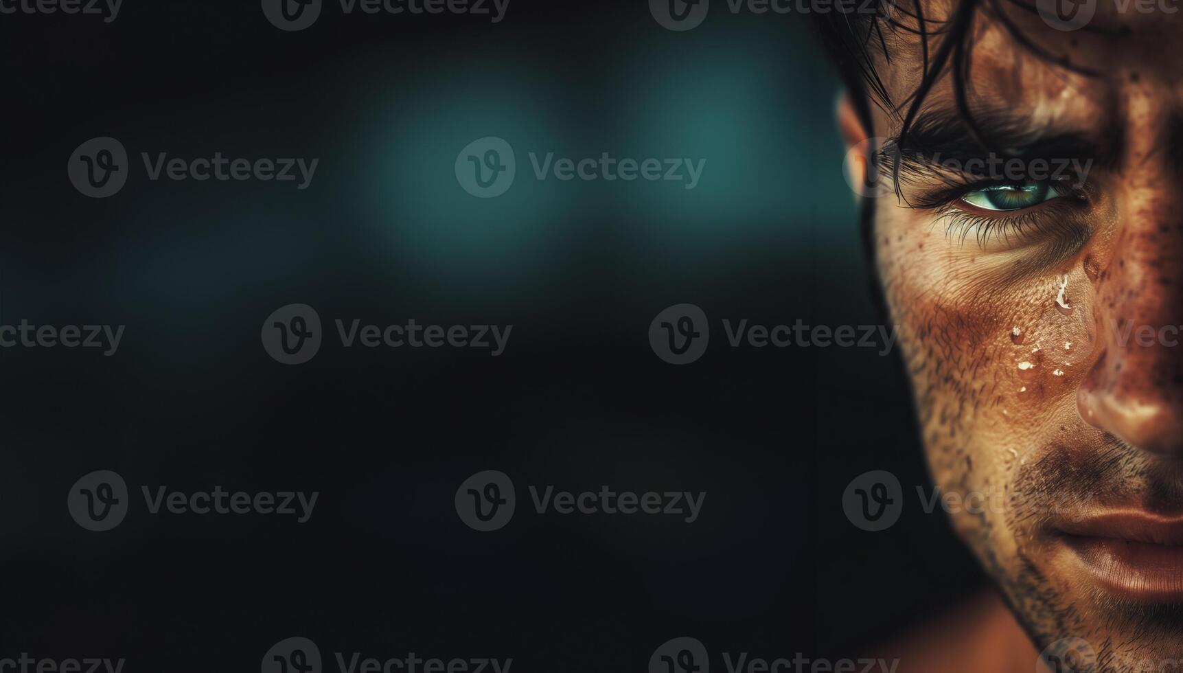 AI generated Determined Gaze, Sweaty, Piercing Blue Eyes photo