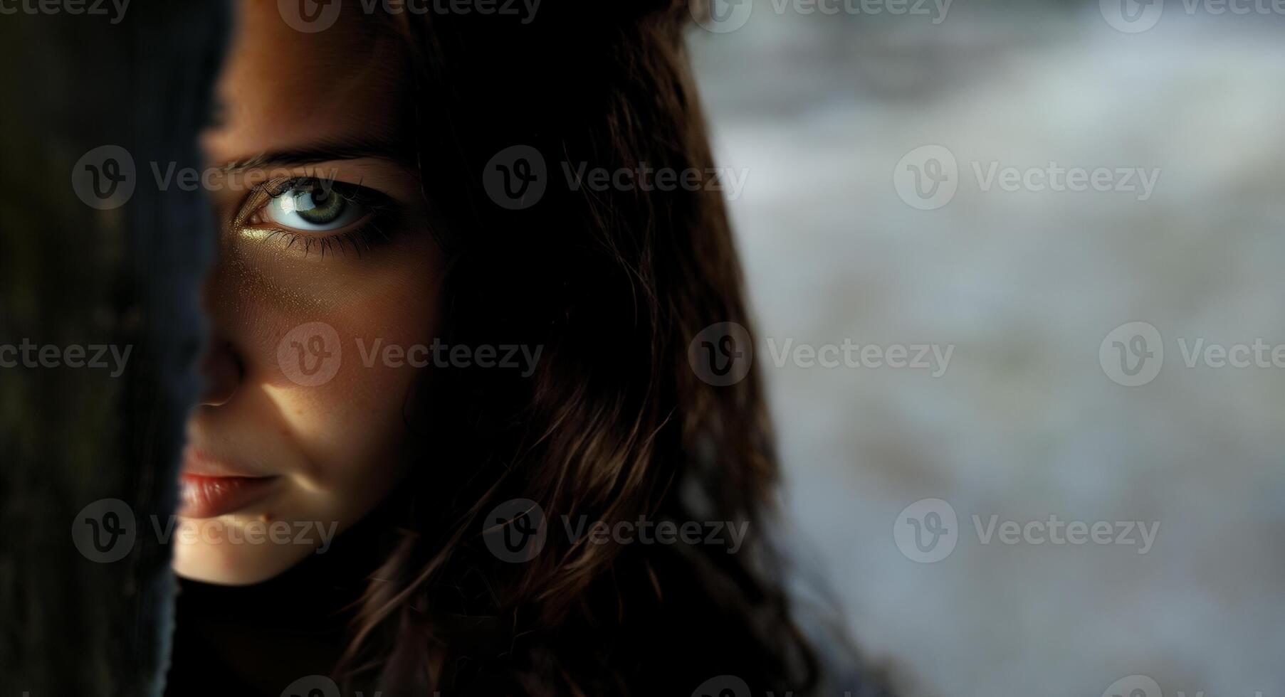 AI generated Mysterious Woman Peering, Suspenseful Eye Gaze photo