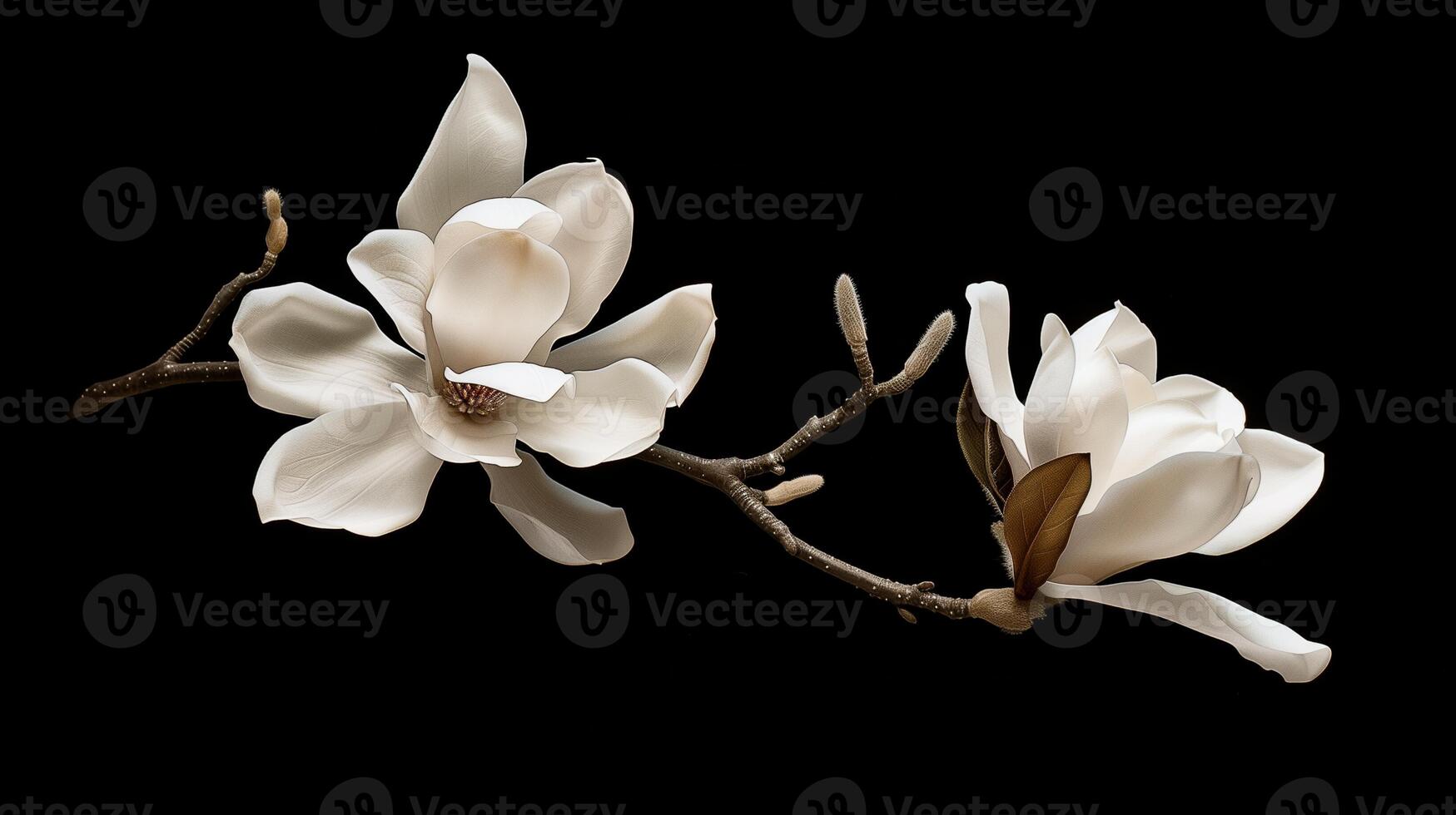 AI generated White Magnolia Blooms on Black Backdrop photo