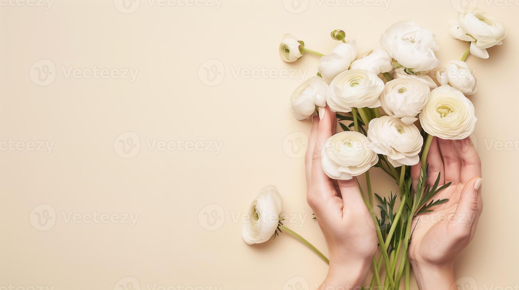 AI generated Elegant Hands with Ranunculus   Spring or Mothers Day Theme photo