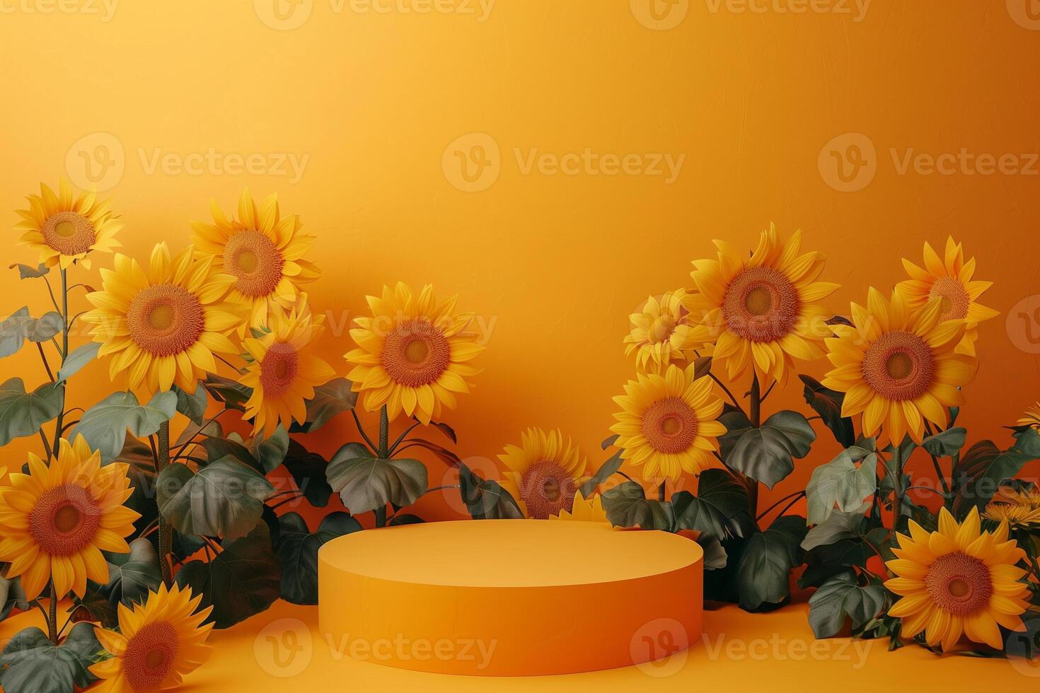 ai generado vibrante girasol podio escaparate con naranja fondo y texto espacio foto