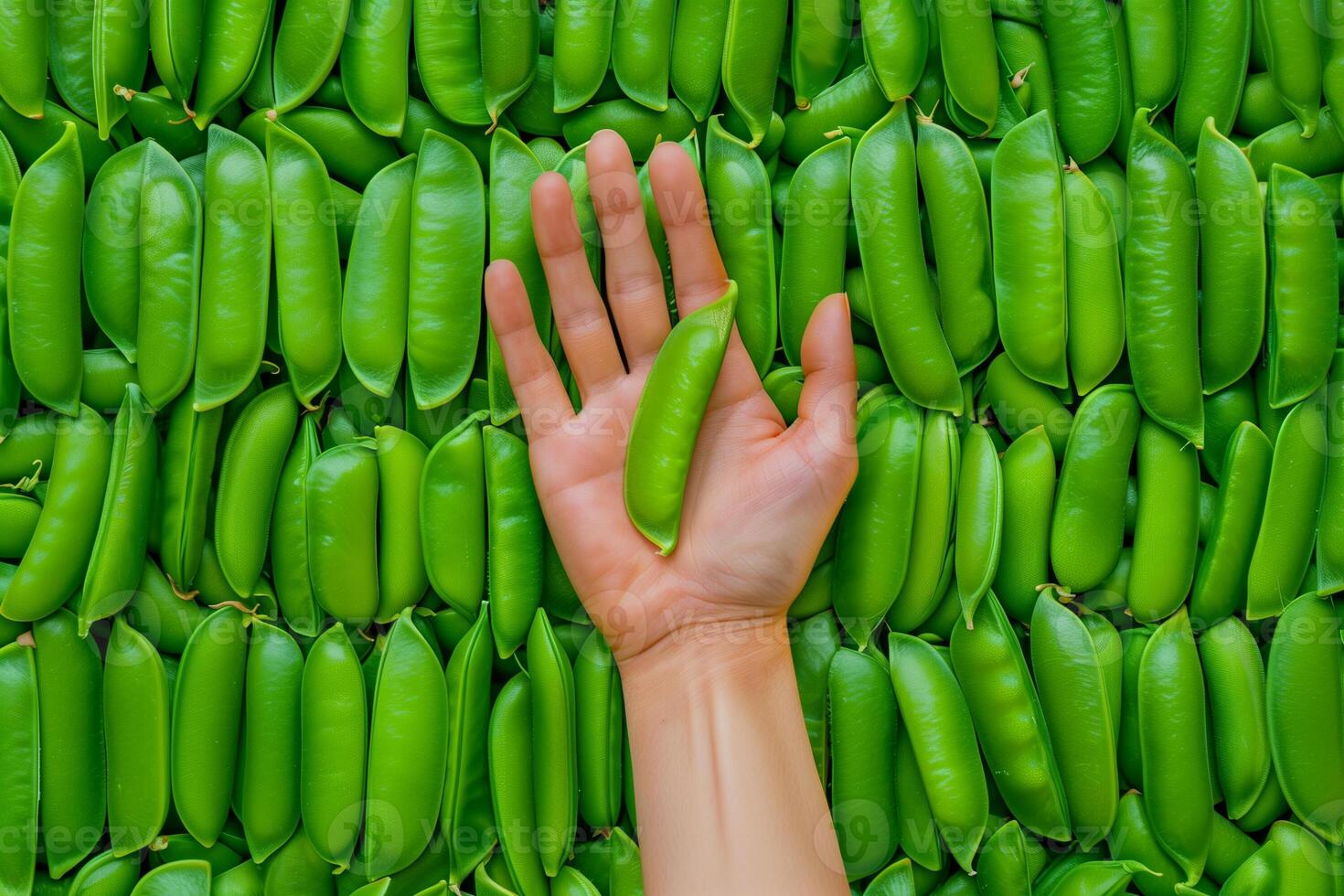 AI generated Fresh Snap Pea in Hand, Green Background, Healthy Food Space photo