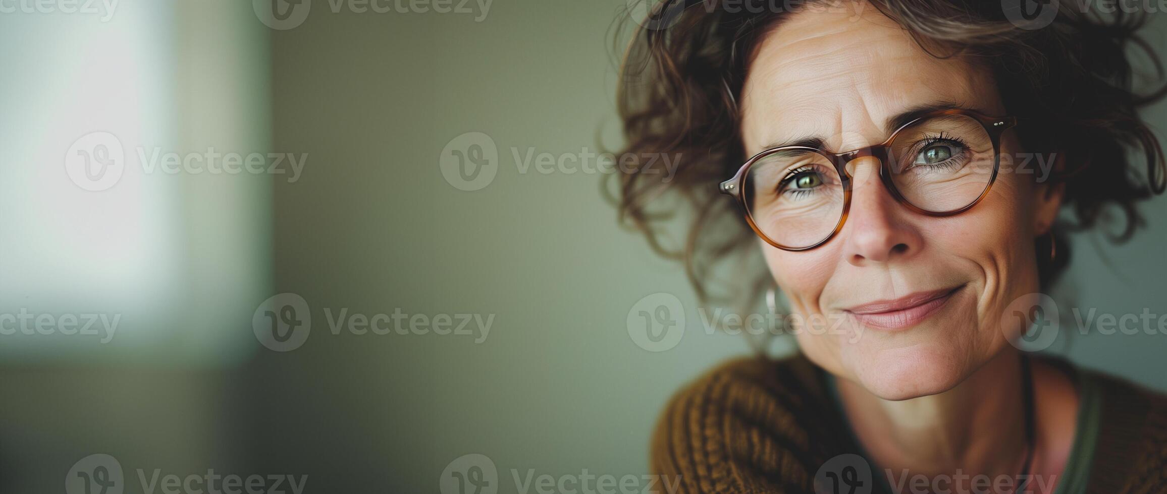 AI generated Joyful Curly Haired Woman with Glasses, Copy Space photo