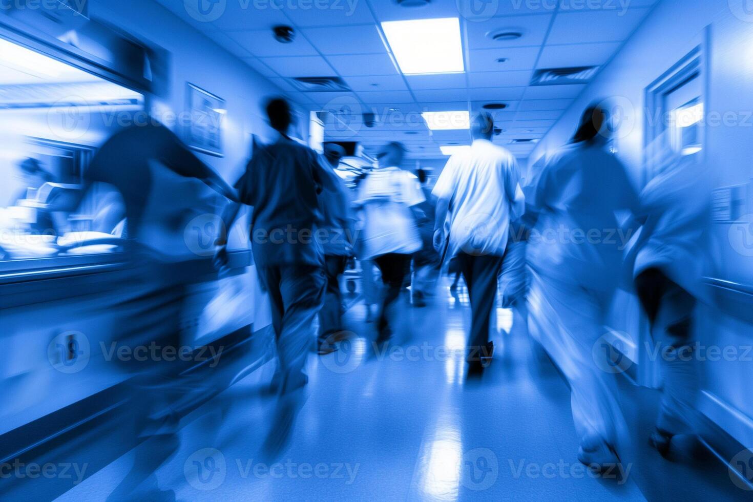 AI generated Busy Healthcare Workers in Motion   Hospital Urgency Background with Text Space photo