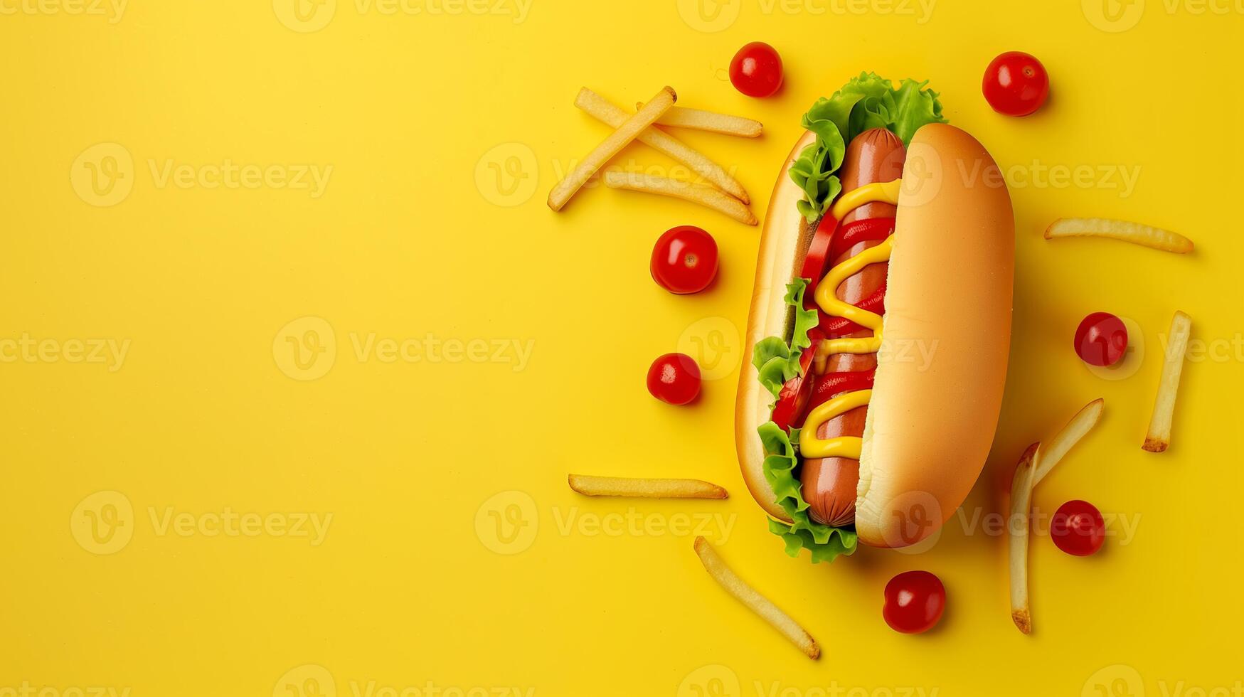 AI generated Delicious Classic Hotdog Combo on Yellow photo