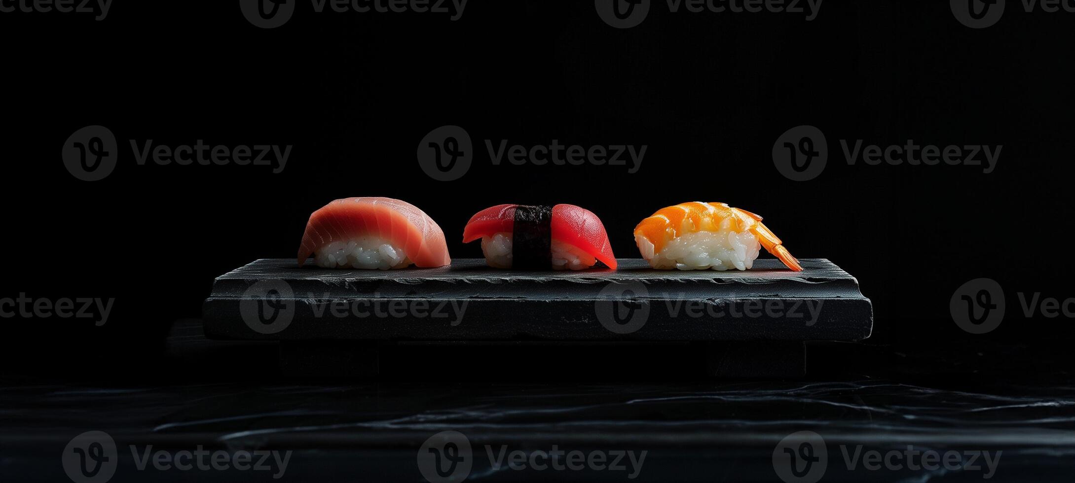 AI generated Assorted Sushi Platter on Black Backdrop photo