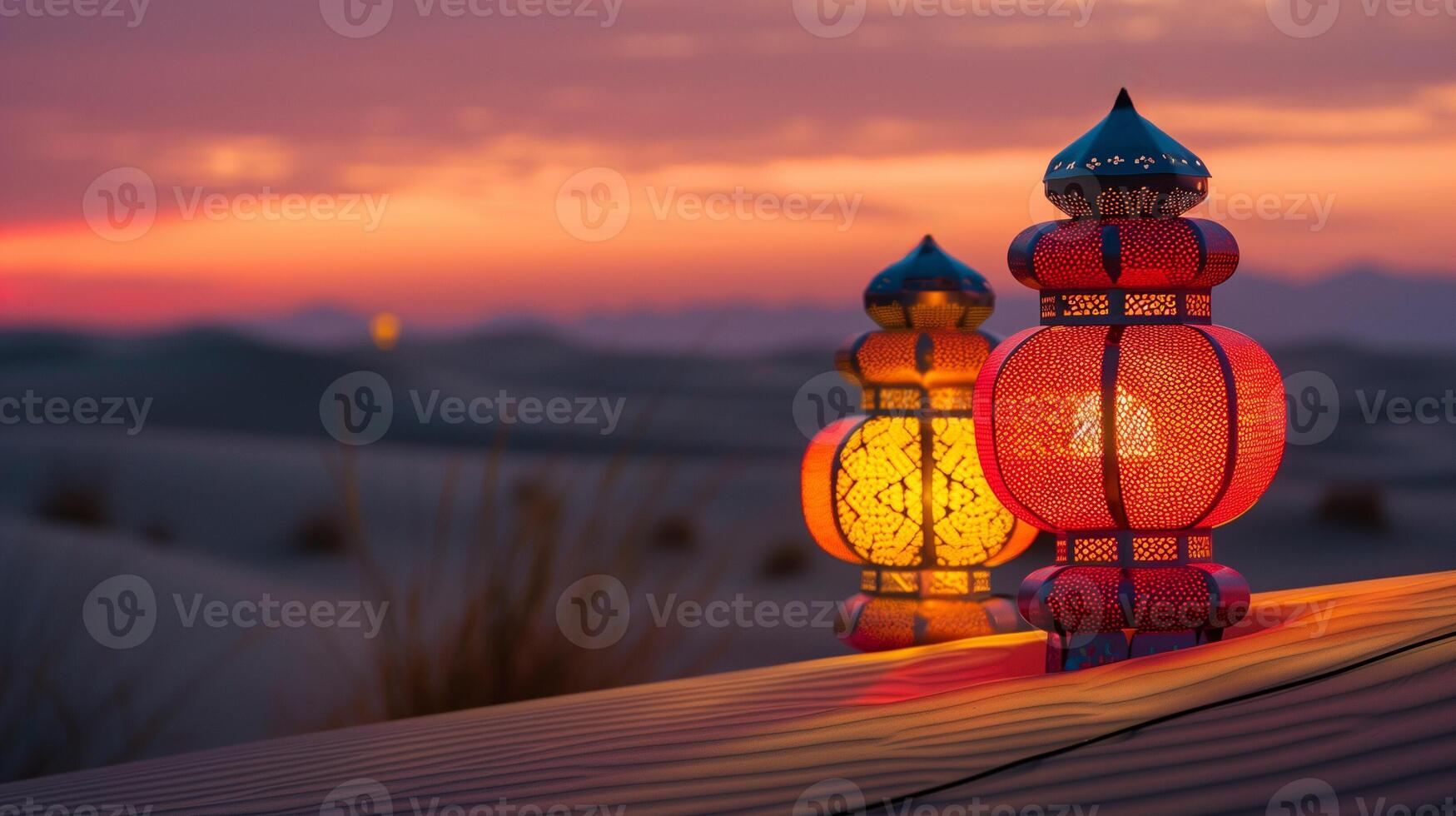 AI generated Ramadan Lanterns at Sunset on Dunes photo