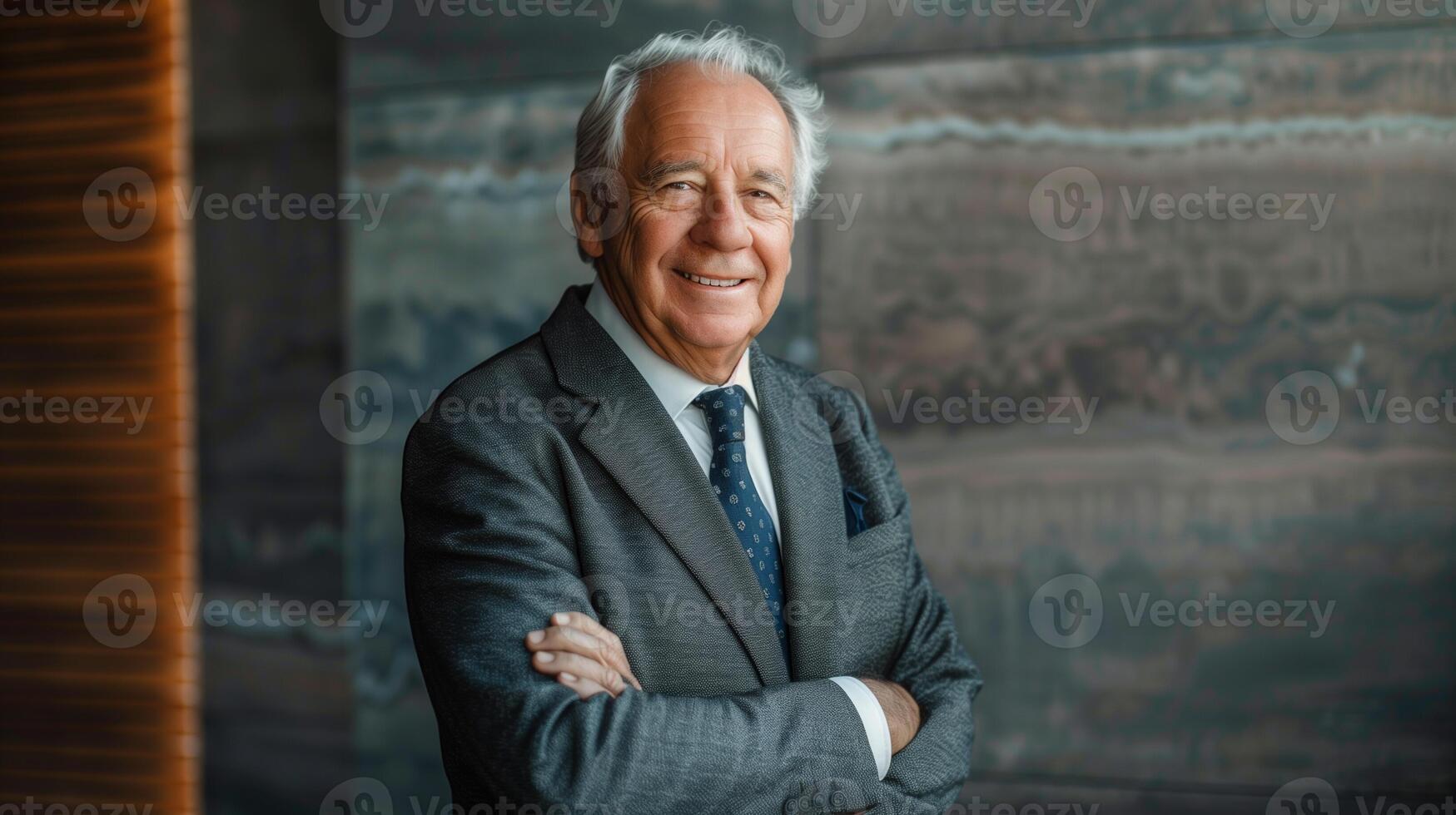 AI generated Smiling Senior Executive in Suit   Professional Corporate Portrait with Copy Space photo