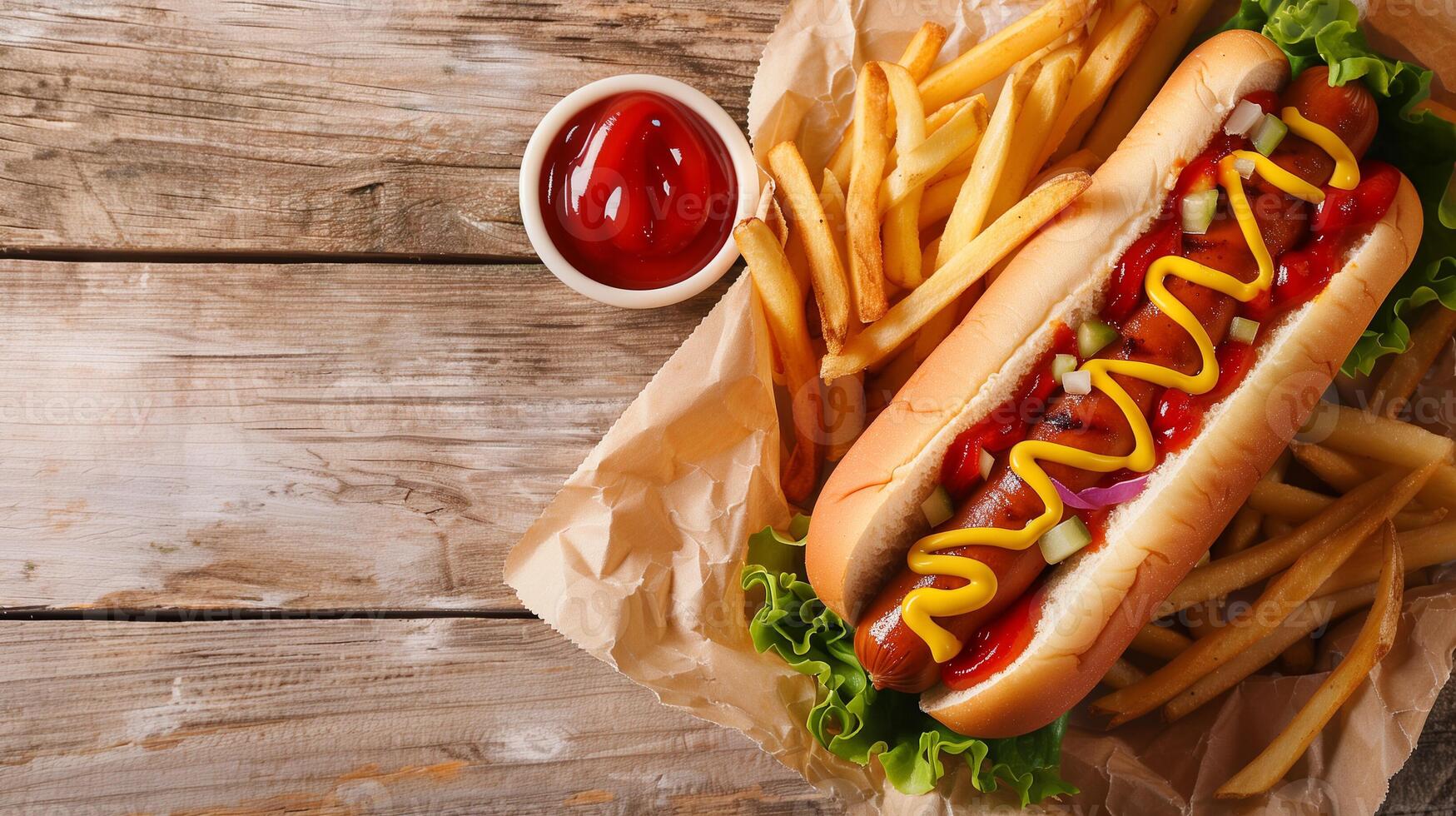 AI generated Classic Hot Dogs and Fries Top View with Copy Space photo