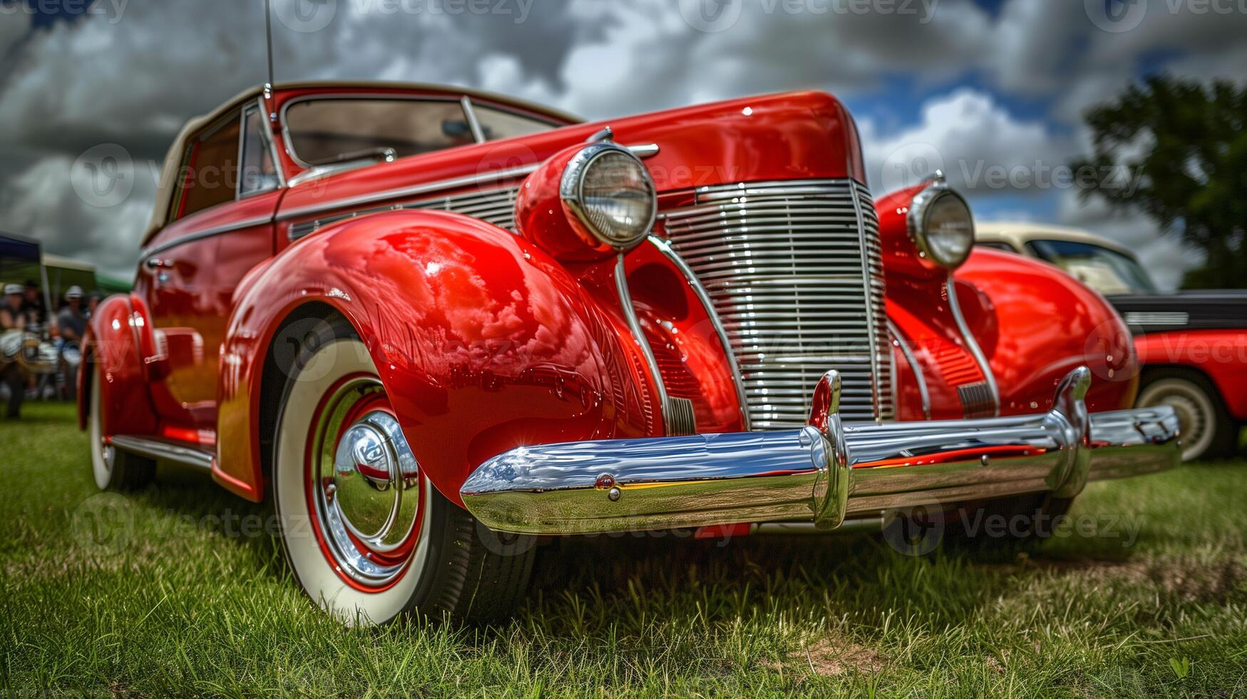 ai generado Clásico rojo coche con cromo detallado foto