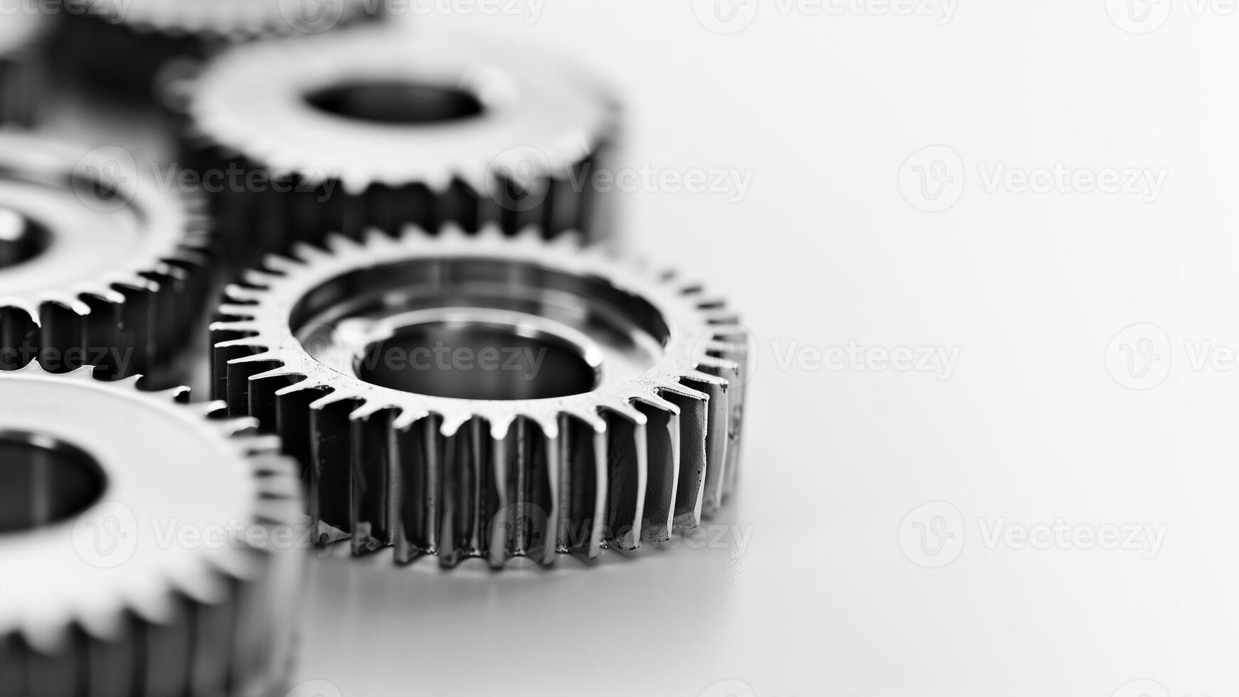 AI generated Close up of interlocking metal gears with a selective focus on a white background, symbolizing concepts of engineering, machinery, and teamwork in industrial design photo