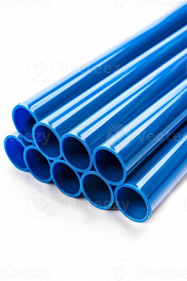 AI generated Diagonal arrangement of blue PVC pipes with selective focus on a white background, highlighting industrial materials and plumbing concepts photo