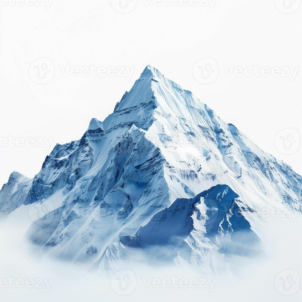 AI generated Majestic snow covered mountain peak emerging from clouds, representing the awe inspiring beauty of alpine landscapes for nature and travel themes photo