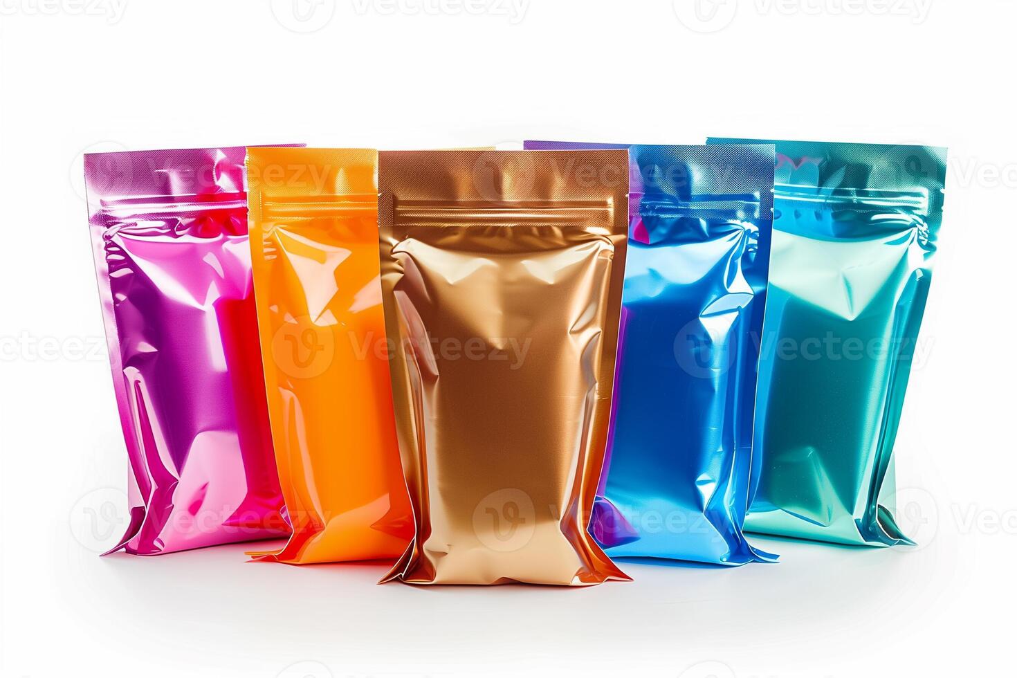 AI generated Assortment of colorful metallic foil pouch packaging on a white background, suitable for product mockup designs and packaging concepts photo